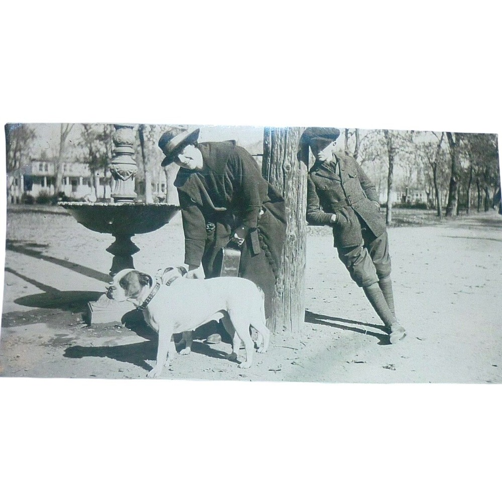 1910s Snapshot Photo Boston‎ Terrier Dog Park Fountain Norfolk Jacket Fashion